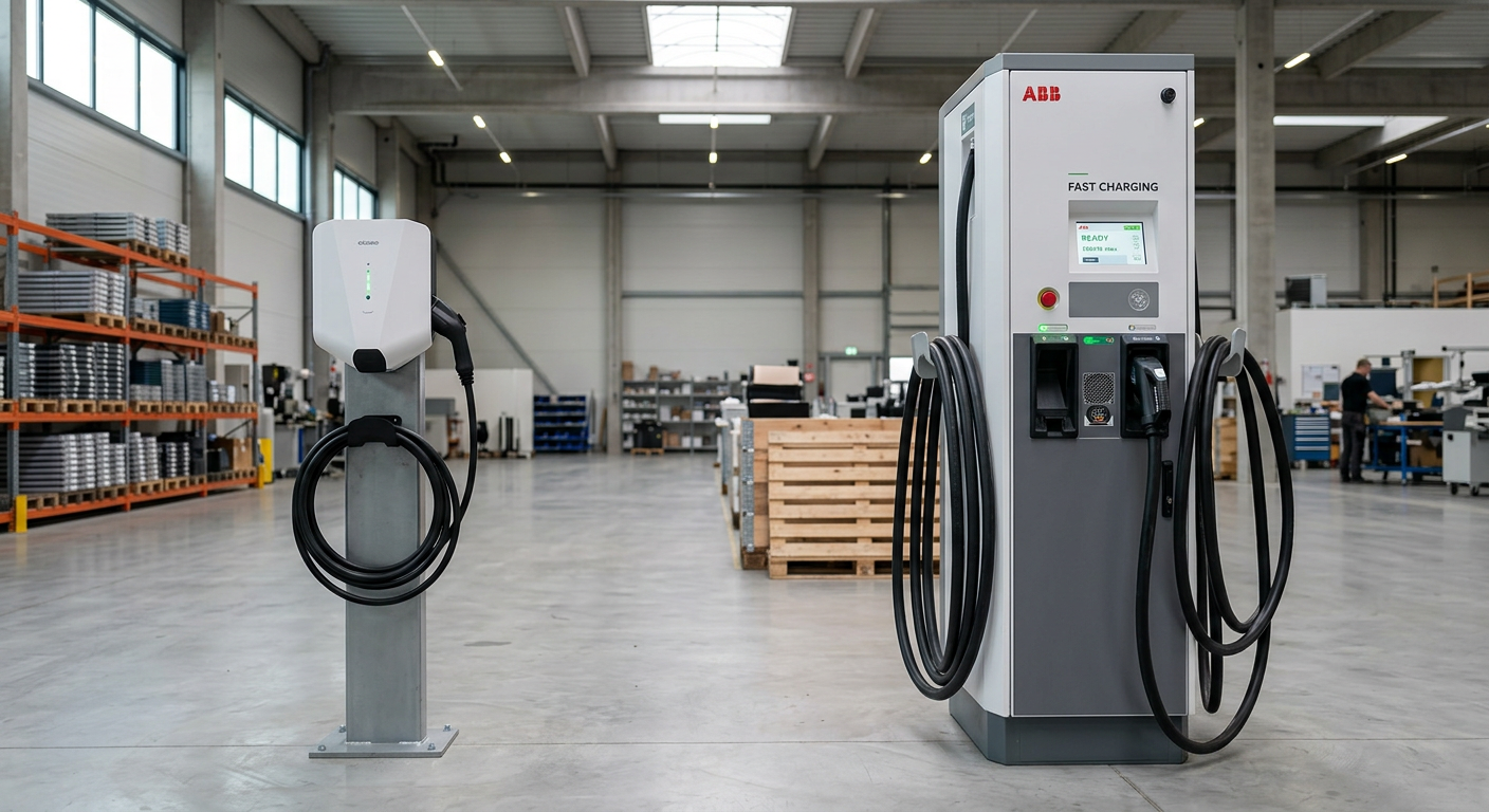 Side-by-side comparison of AC wall-mounted EV charger and DC fast charging station