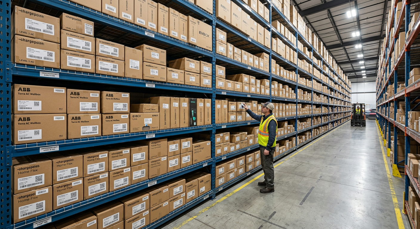 EV charger inventory stacked in a distributor warehouse