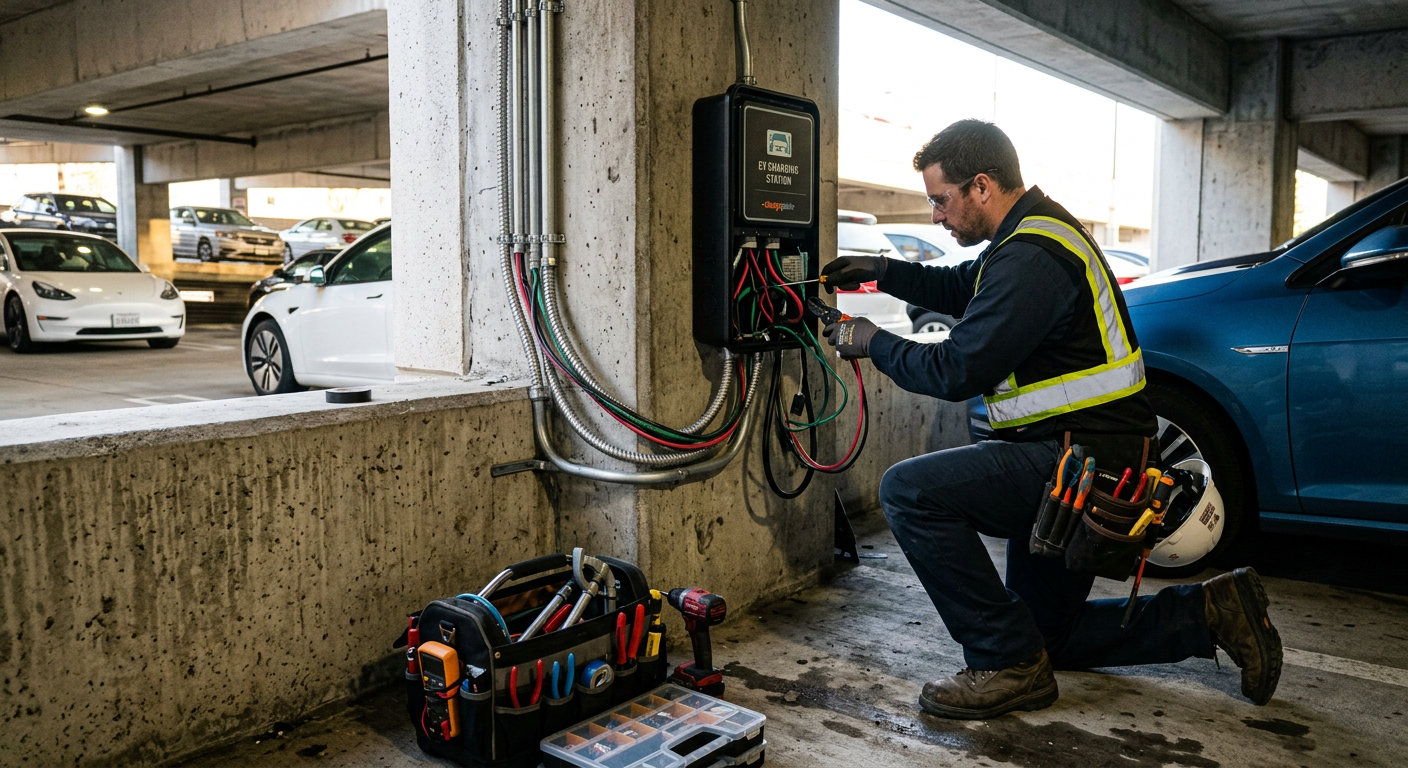 Electrician installing an AC EV charger on a parking garage wall