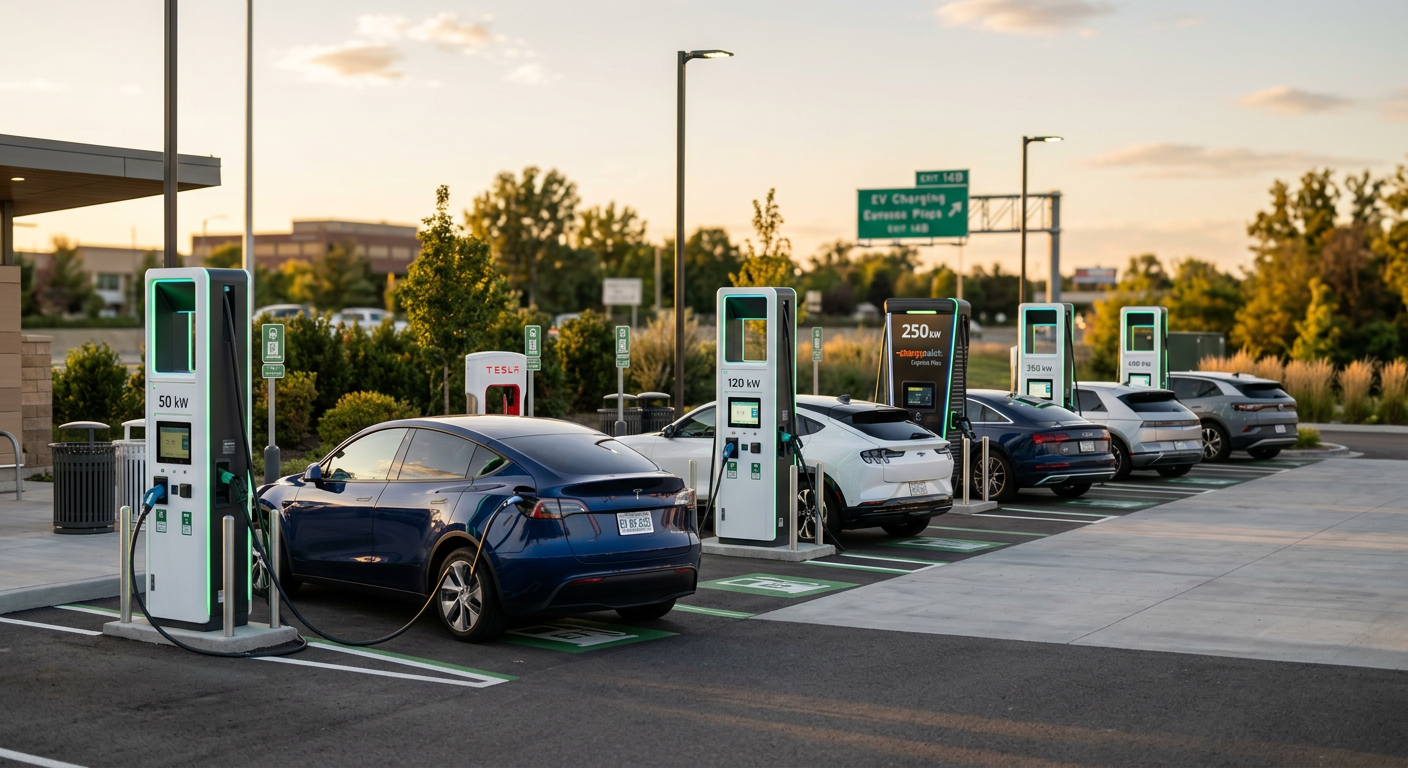 Row of DC fast chargers at different power levels in an outdoor charging plaza
