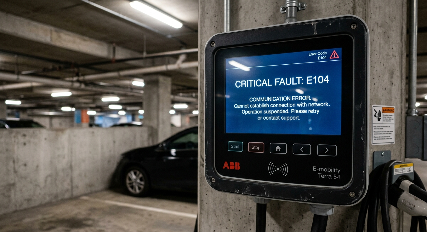 EV charger LCD screen showing a fault code for communication error