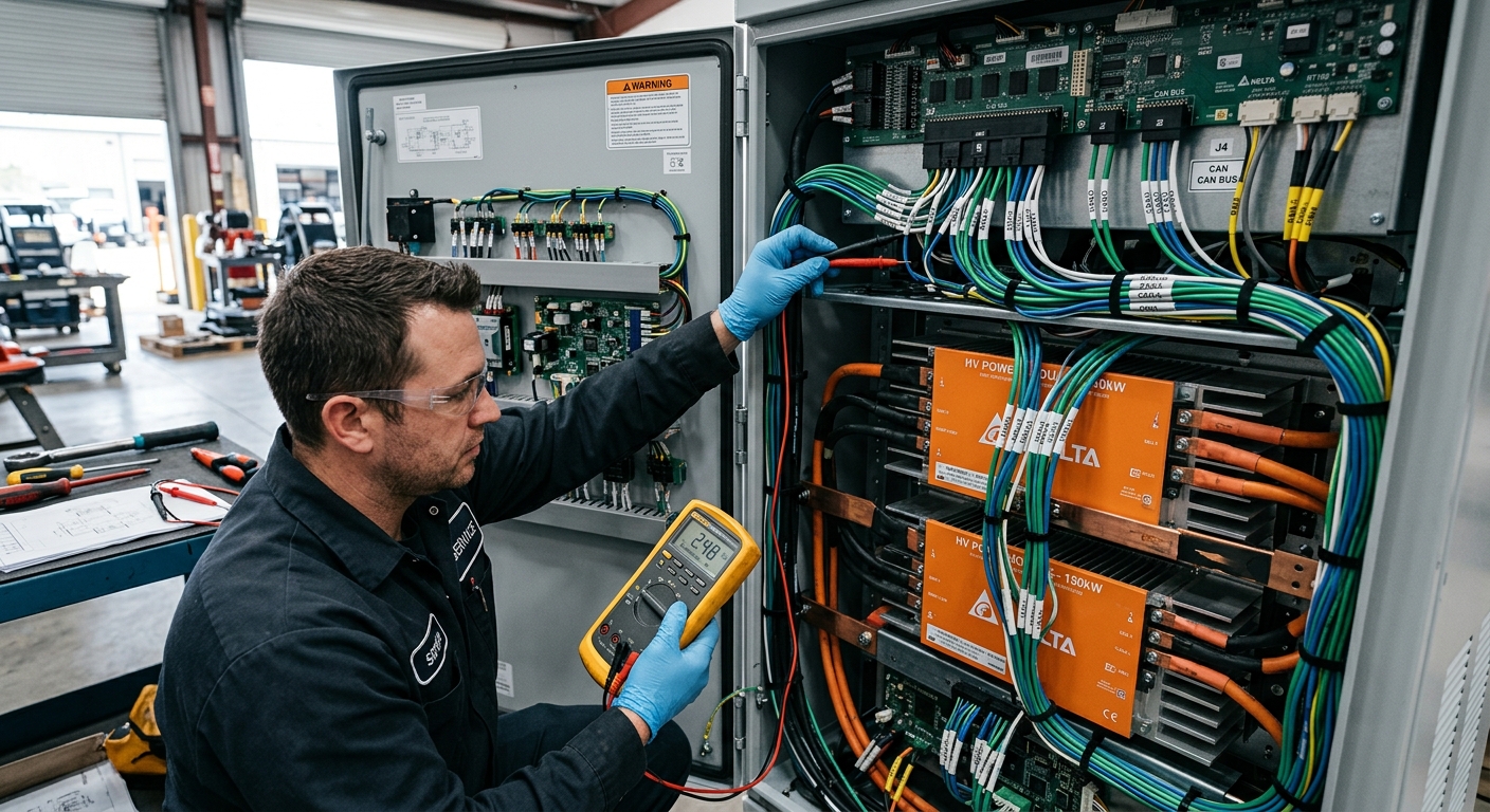 Interior of a DC fast charger showing CAN bus wiring and power modules during maintenance