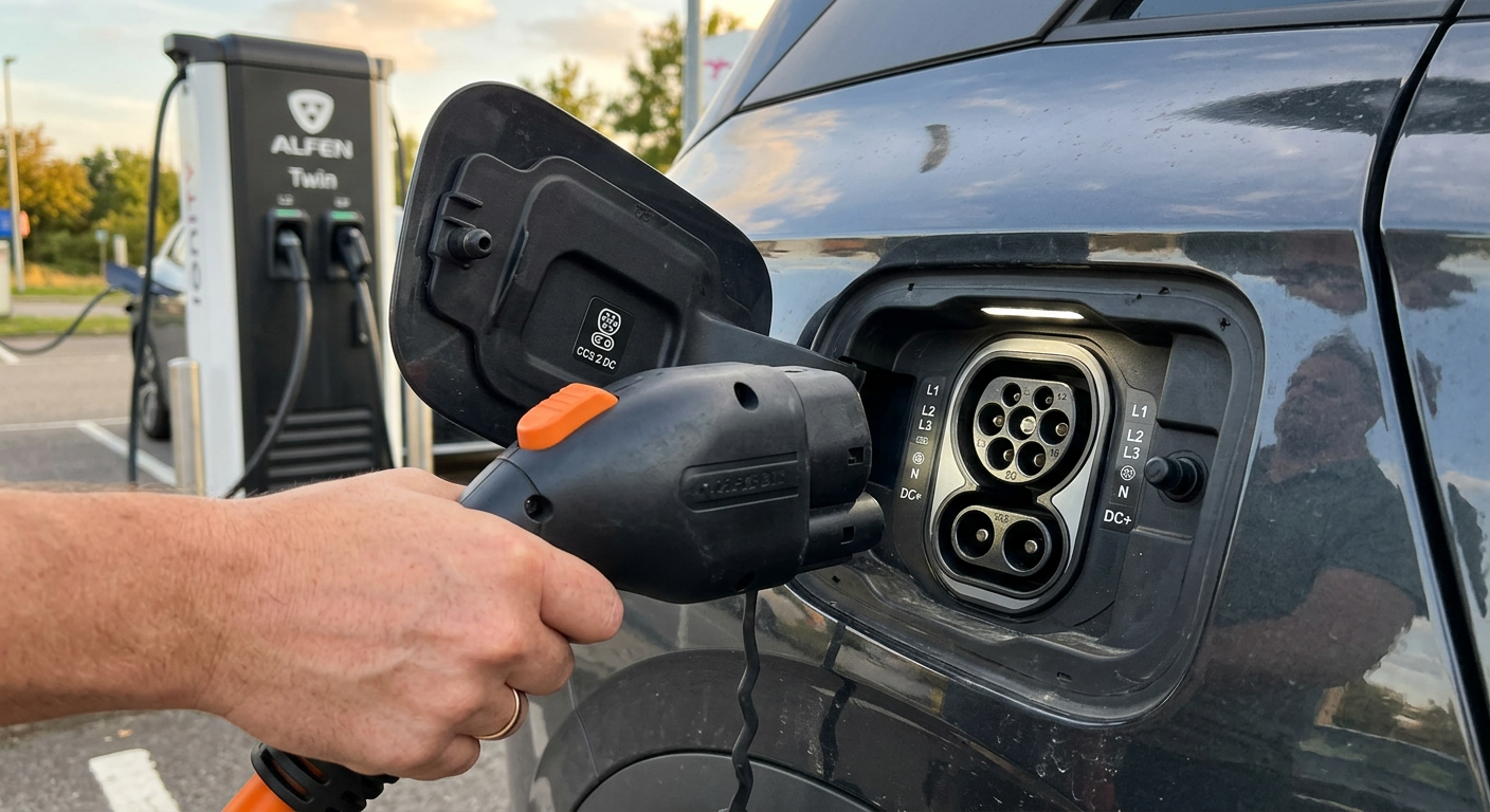 CCS2 DC charging connector being plugged into an electric vehicle charge port