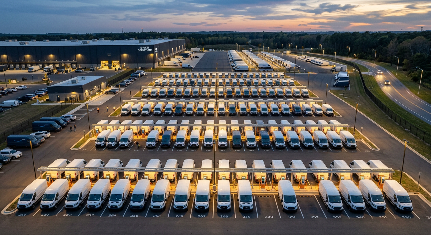 Aerial view of electric delivery vans charging overnight at a fleet depot parking lot