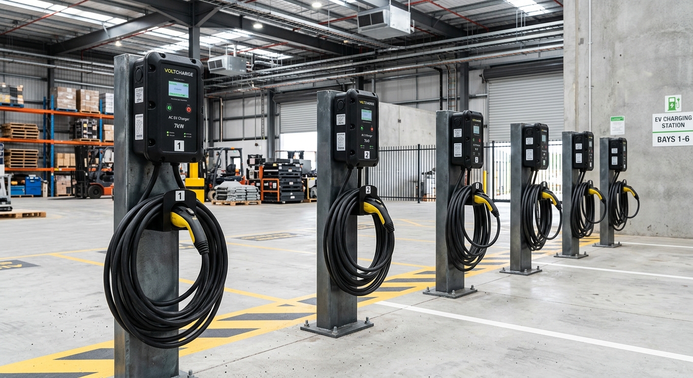 Row of commercial AC EV chargers mounted on pedestals in an industrial fleet depot