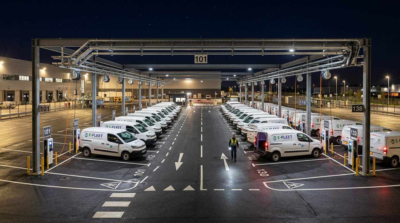 Well-organized fleet depot at night with electric vans in numbered charging bays with overhead cable management
