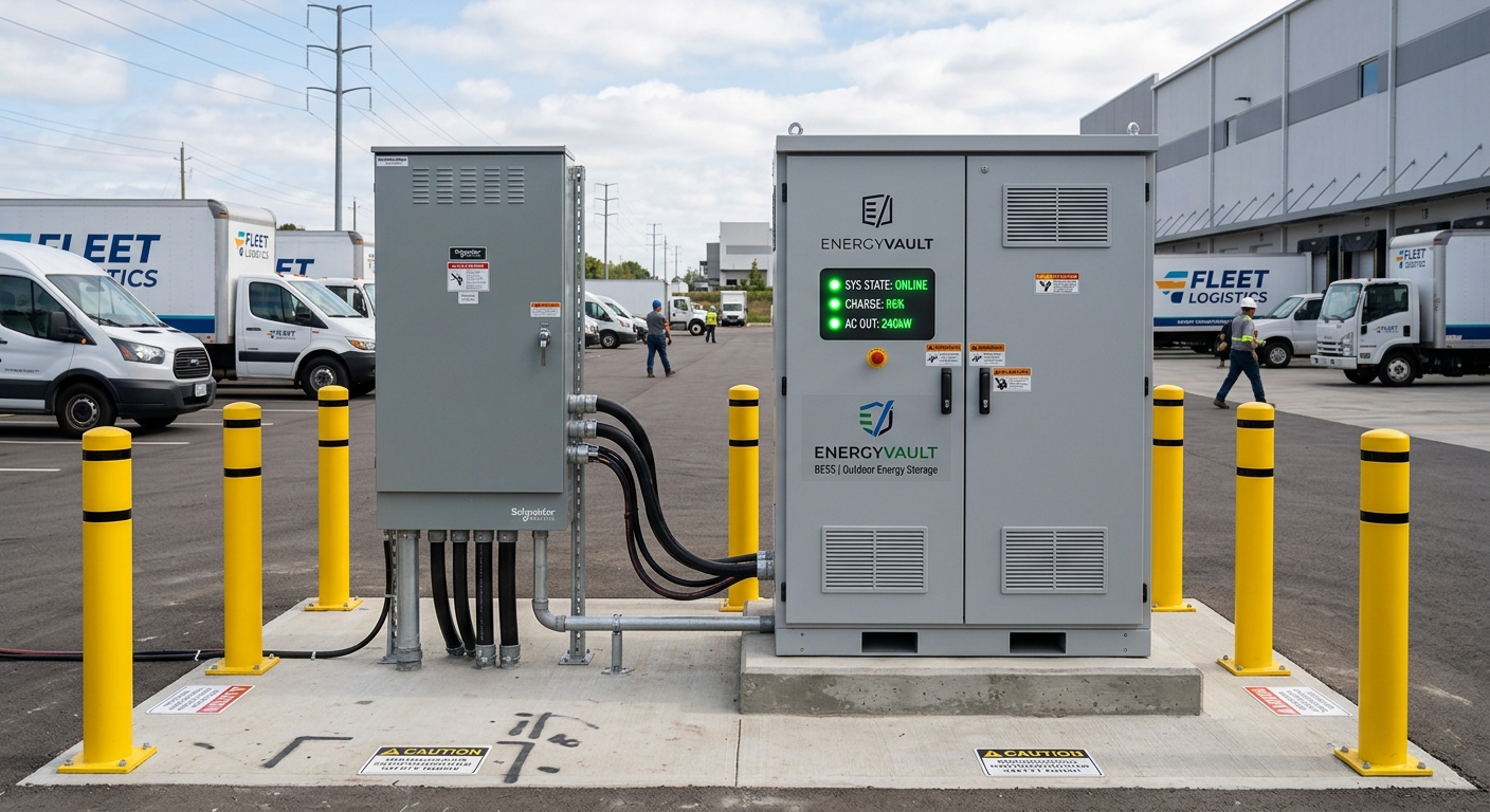 Battery energy storage system installed at a commercial fleet charging depot for backup power