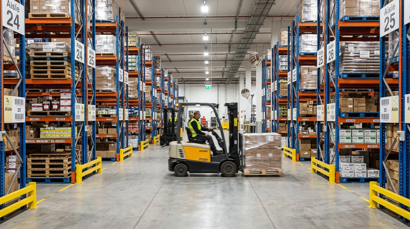 Electric forklifts operating in a busy warehouse aisle