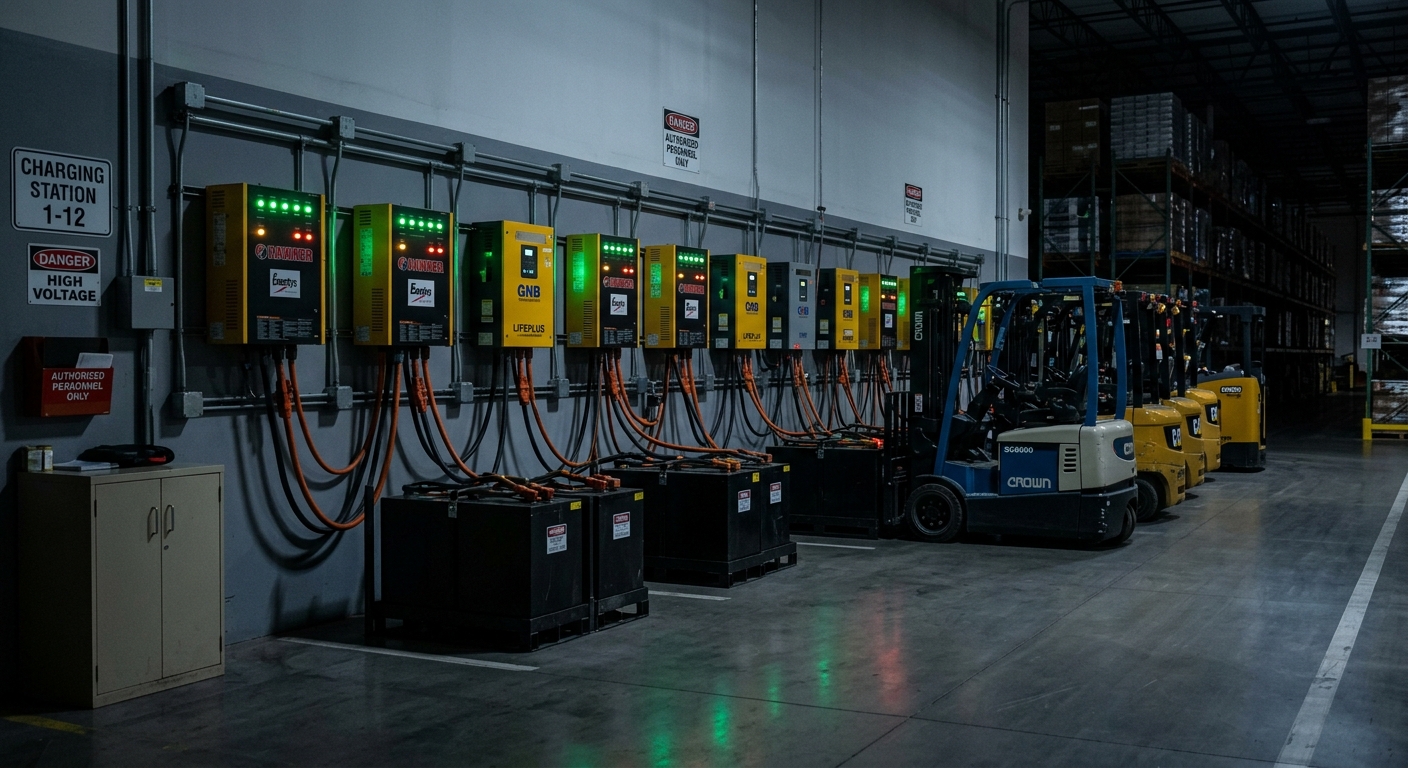 Row of wall-mounted DC forklift chargers in a warehouse charging room