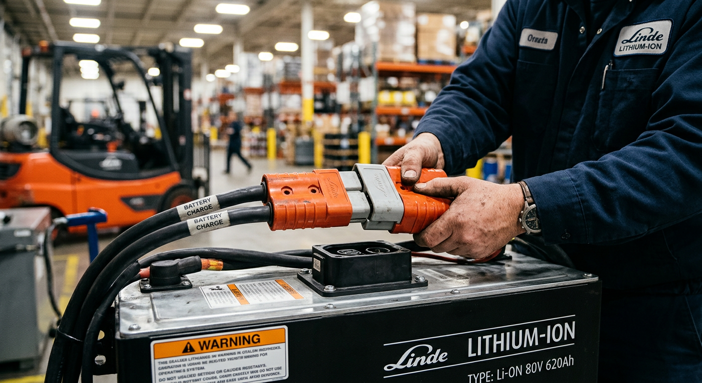 Operator connecting an industrial charging plug to a forklift battery
