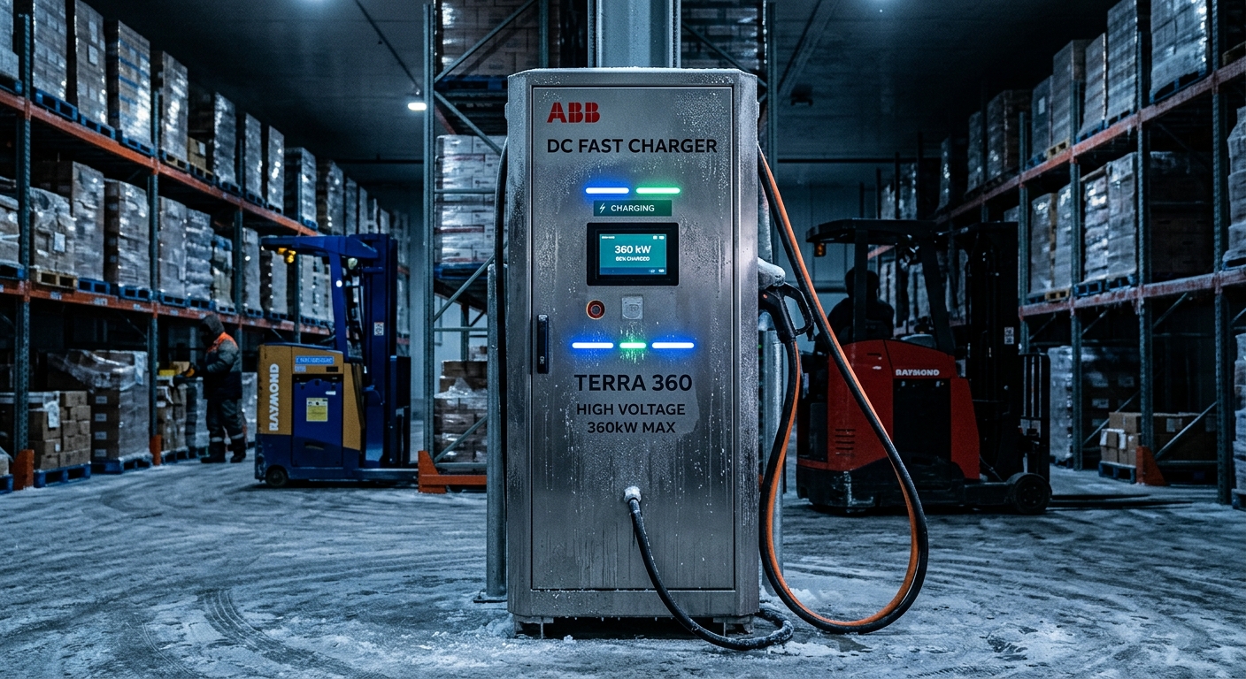 High-power DC forklift charger cabinet in a cold-storage warehouse
