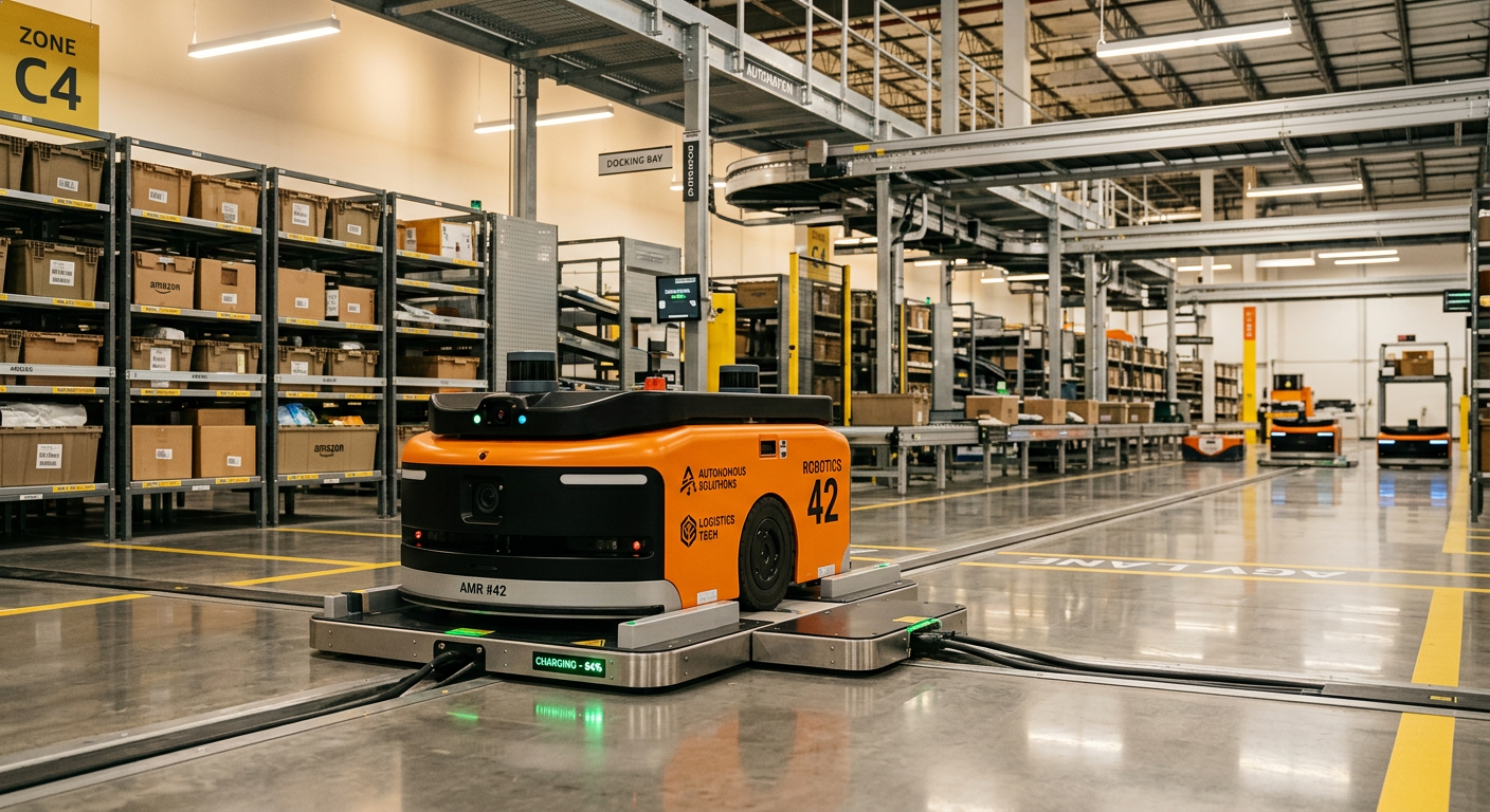 Autonomous mobile robot on an automatic floor charging pad