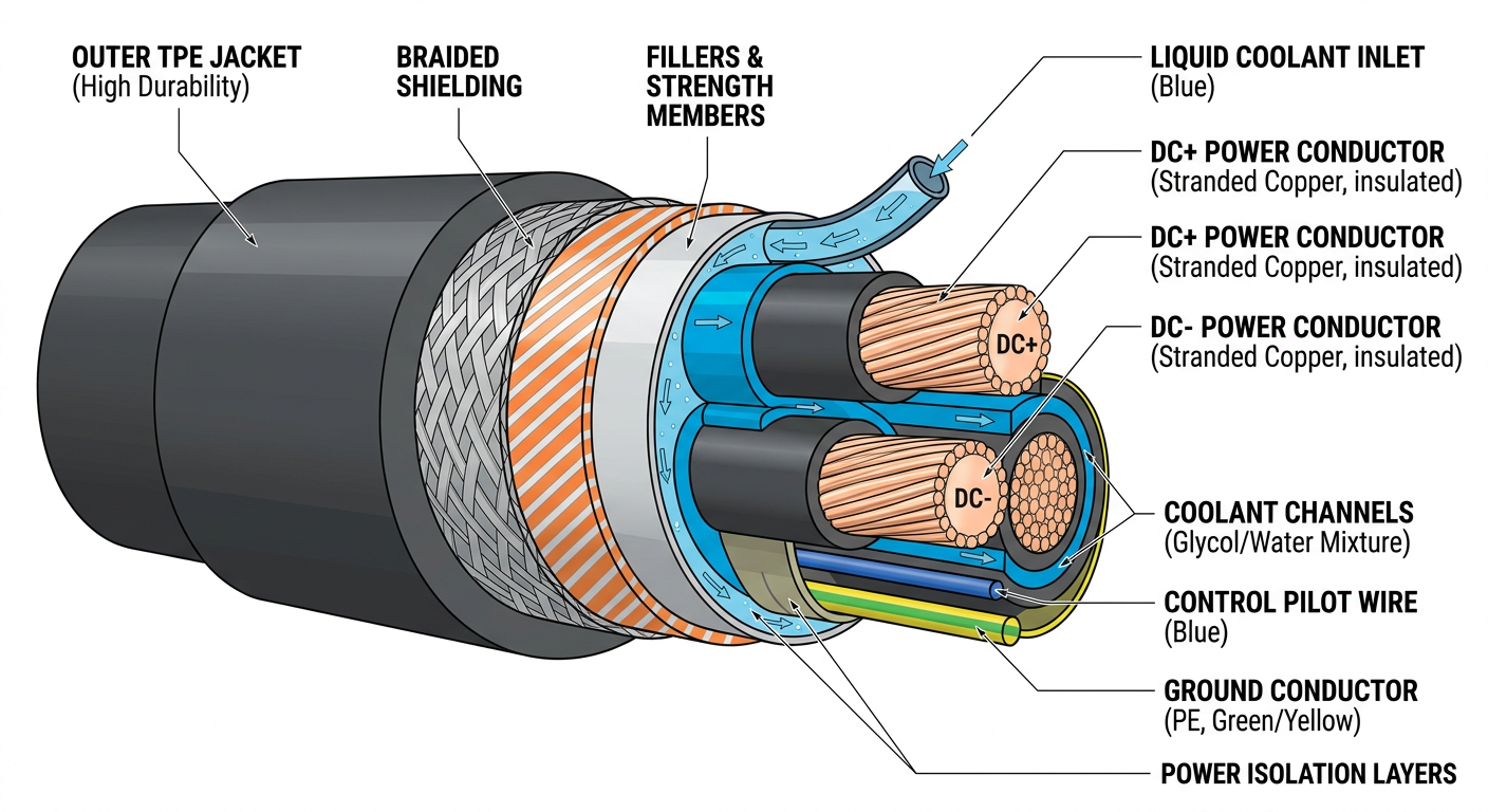 Cutaway illustration of liquid-cooled DC charging cable internals