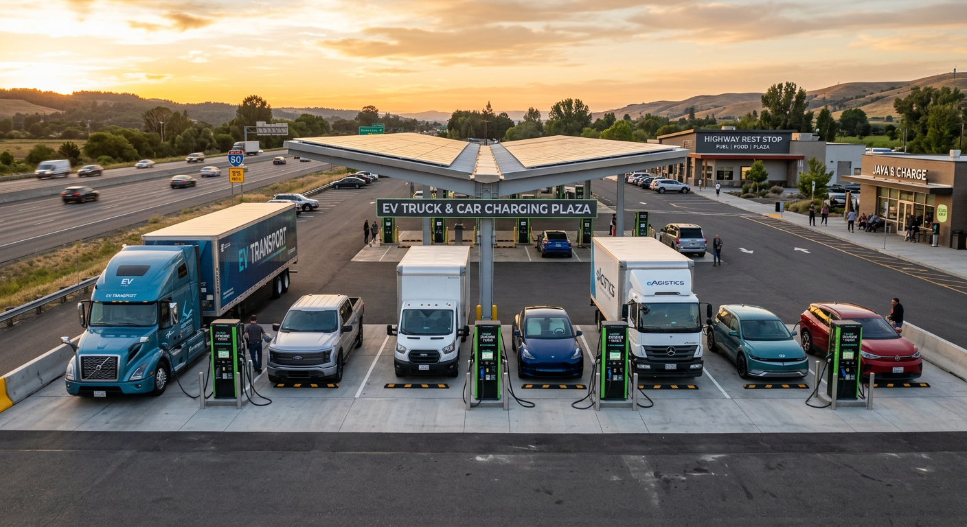 High-power DC fast chargers at a highway truck stop