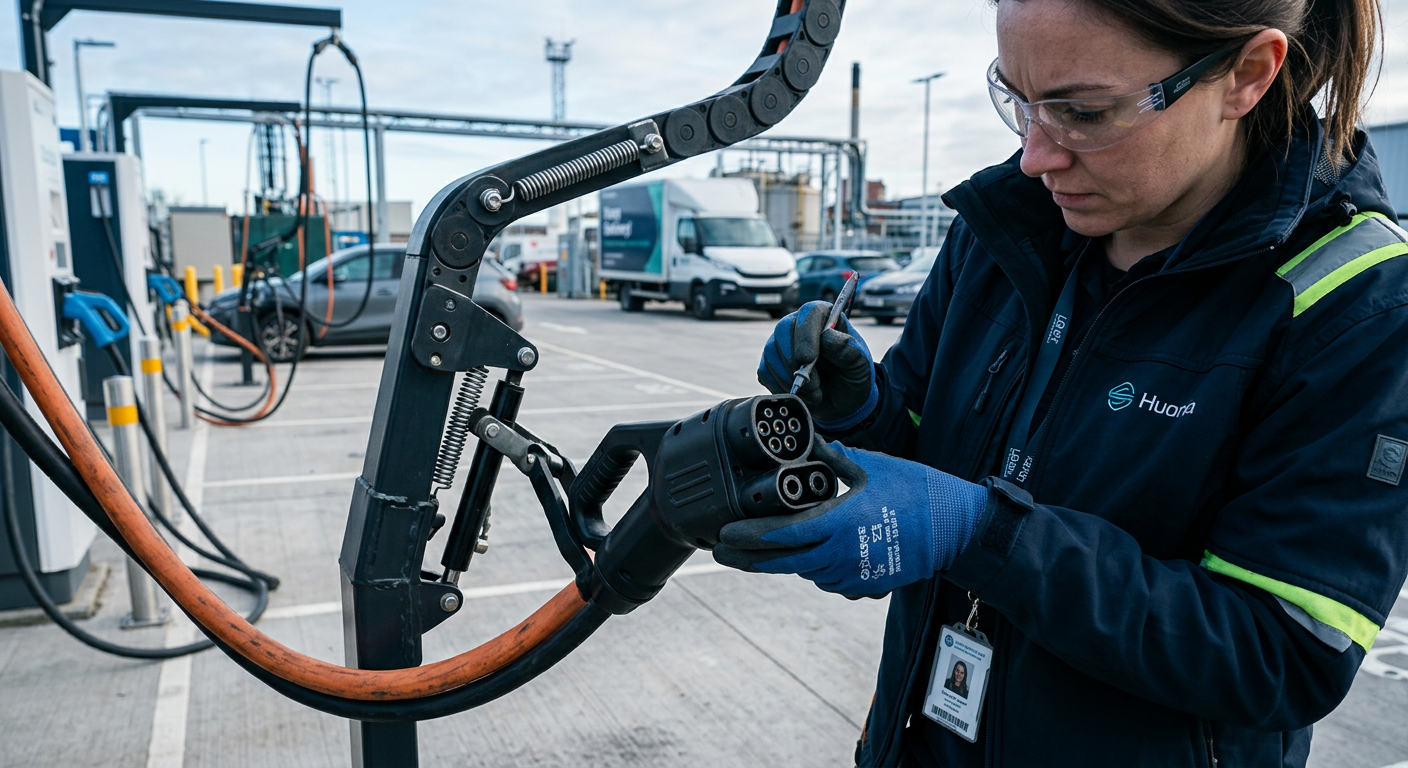 Engineer inspecting DC fast charging cable at fleet depot
