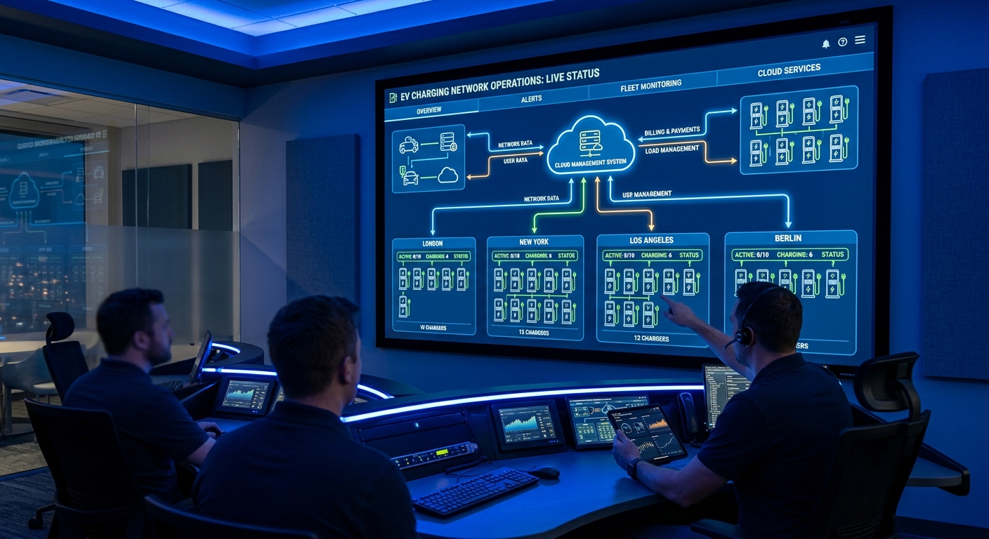 Network diagram showing EV chargers connected to a centralized cloud management system on a control room monitor