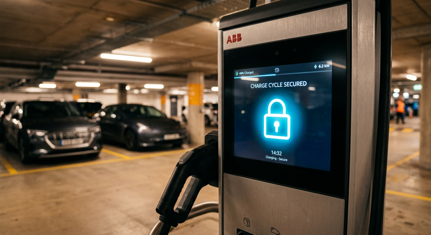 Secure digital lock icon on an EV charger touchscreen interface indicating encrypted OCPP communication