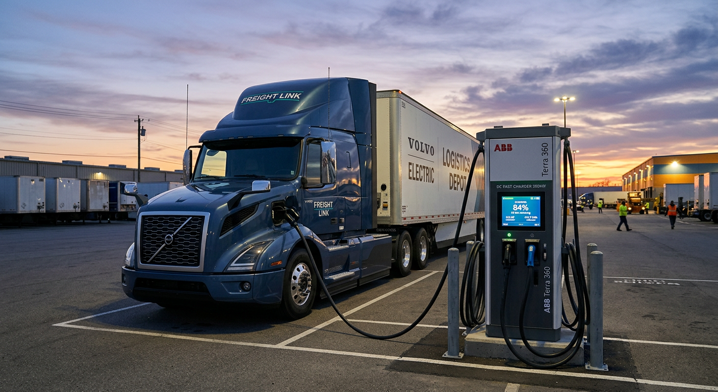 Electric truck connected to a DC fast charger at a fleet logistics depot during early morning
