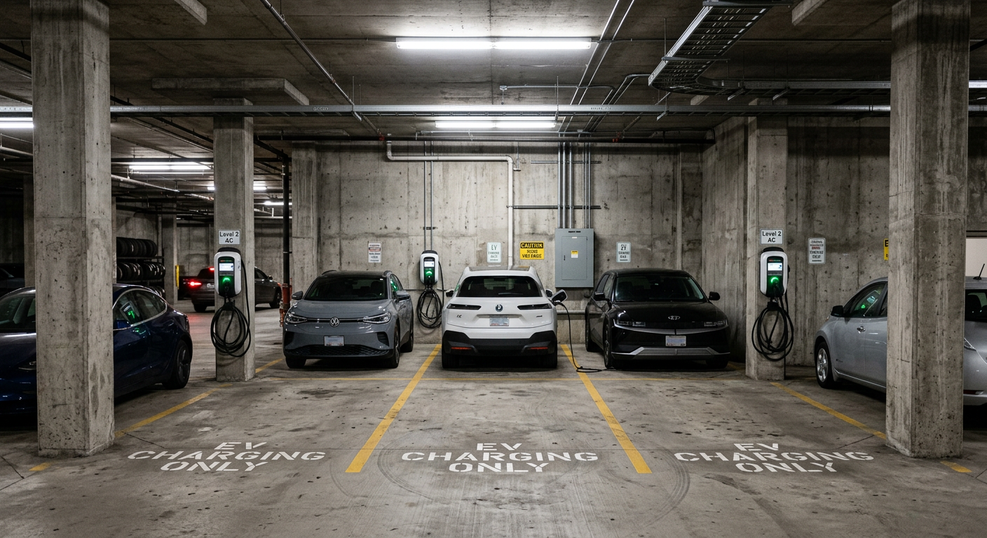 Wall-mounted Level 2 AC EV chargers installed in an underground apartment parking garage
