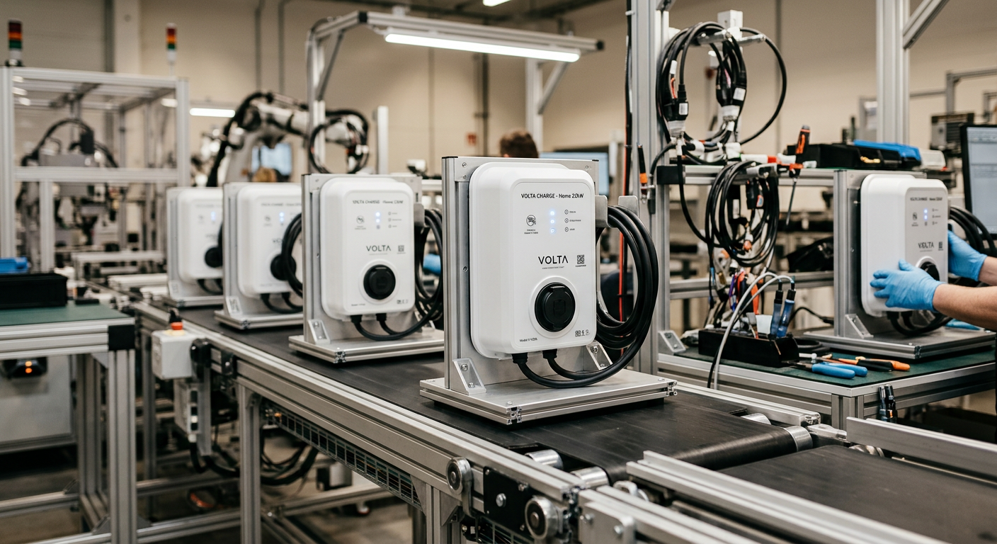 EV charger production line with wallbox units moving along conveyor