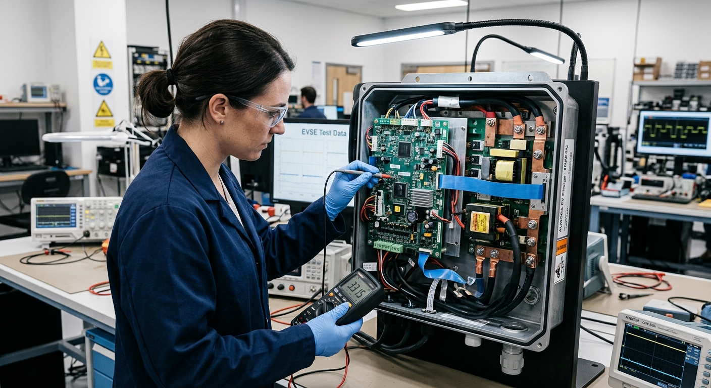 Engineer inspecting the internal components of an EV charger