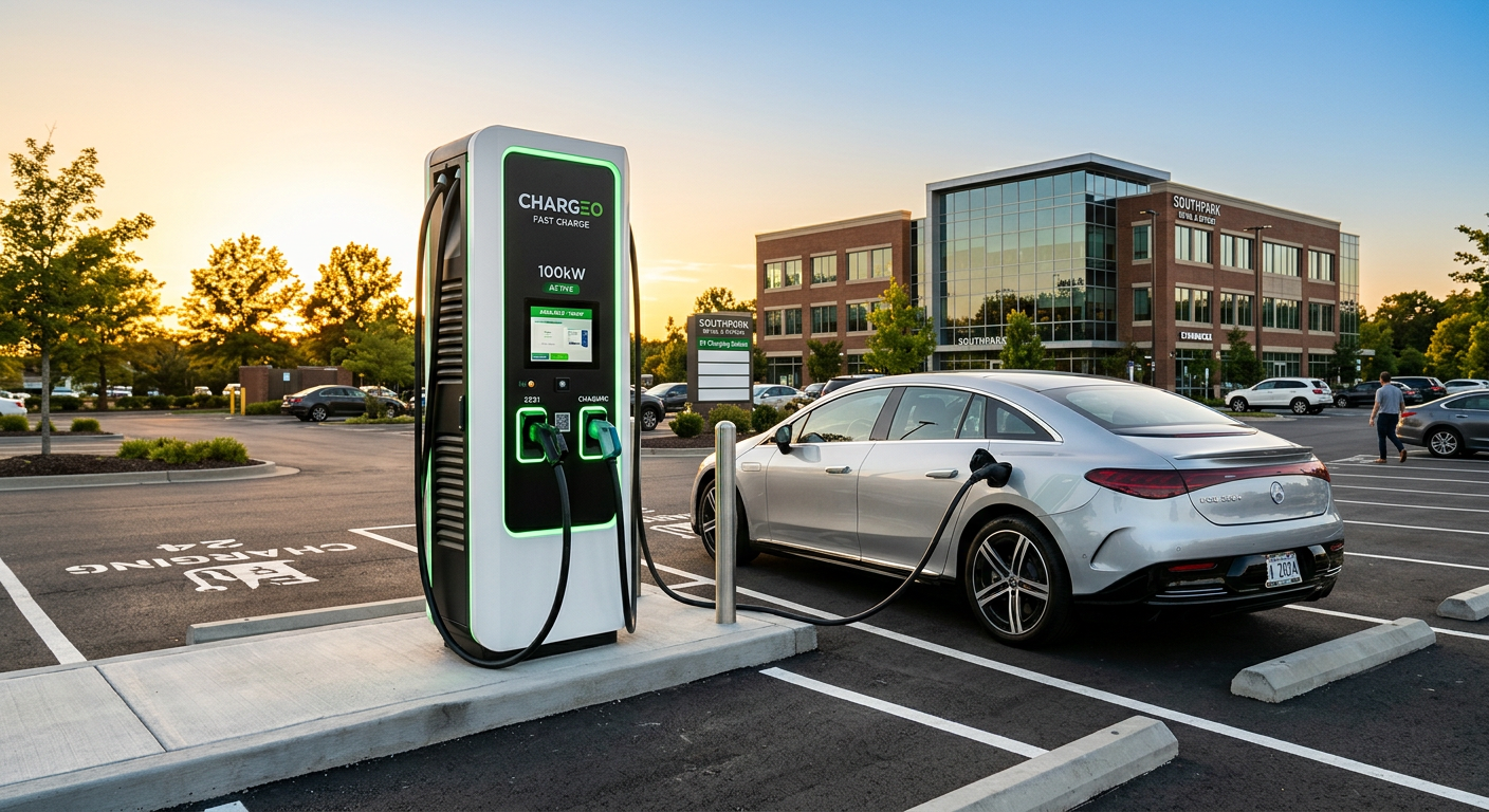 Commercial DC fast charger installed at an outdoor charging station