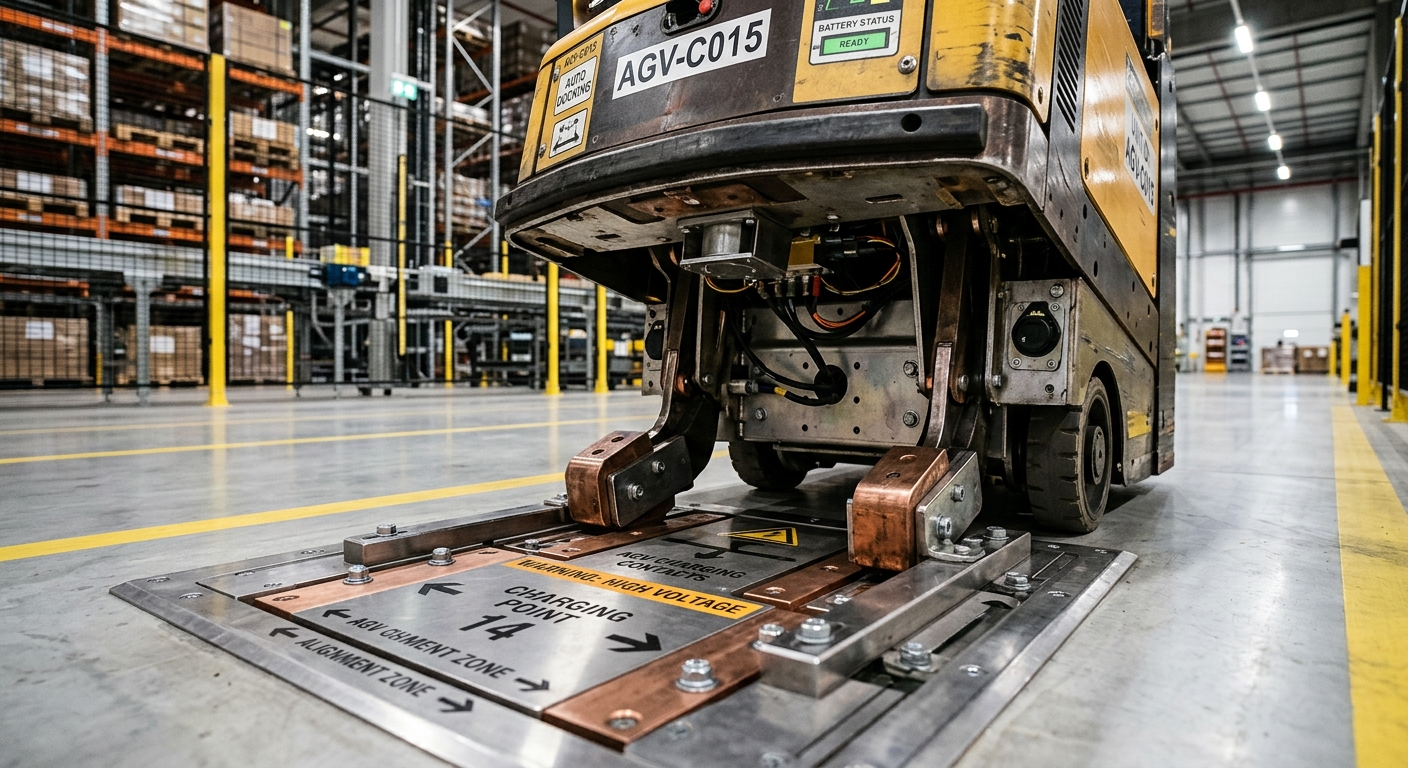Close-up of AGV charging contact docking precision