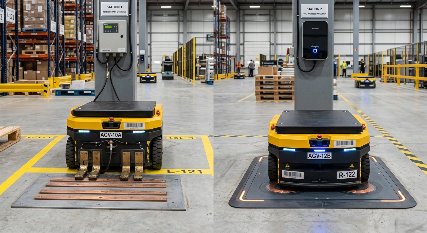 Comparison of contact-based and wireless AGV charging stations