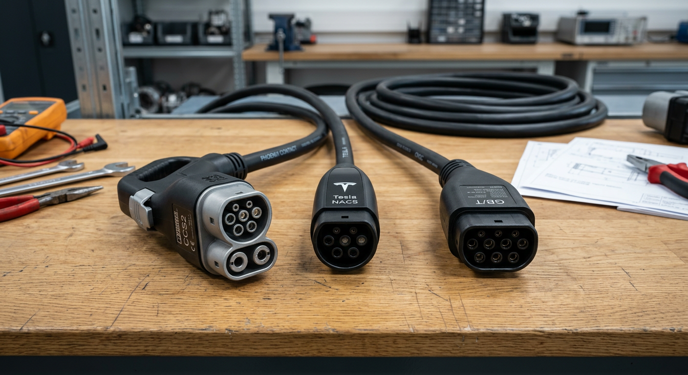 CCS2 NACS and GB/T connectors laid out for distributor comparison