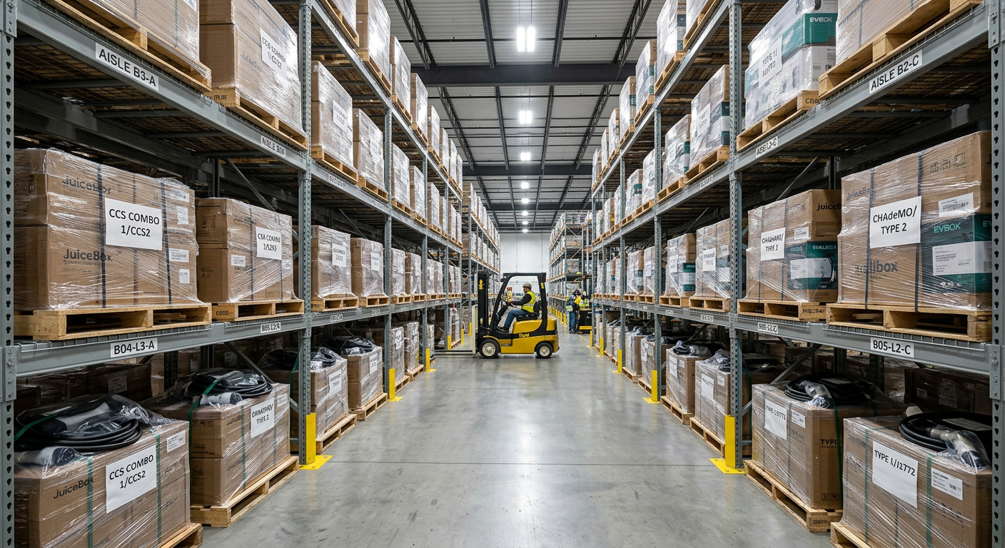 Warehouse stocked with EV chargers of various connector types