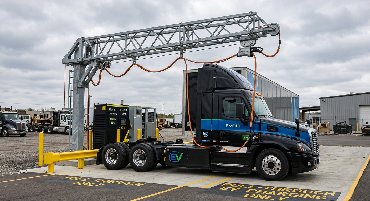 Pull-through charging lane with overhead cable boom for a Class 8 electric truck