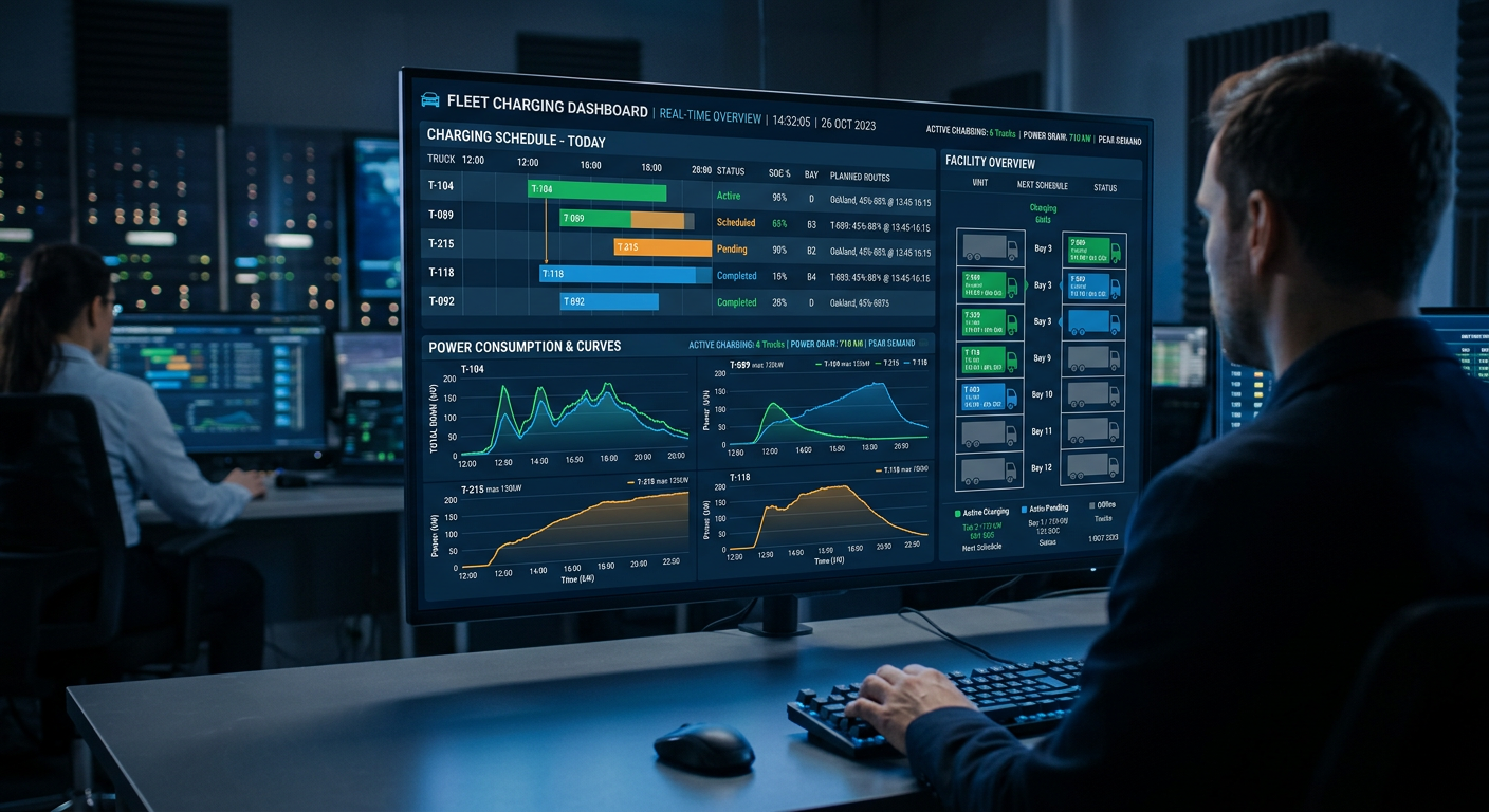 Fleet charging management dashboard showing real-time power allocation