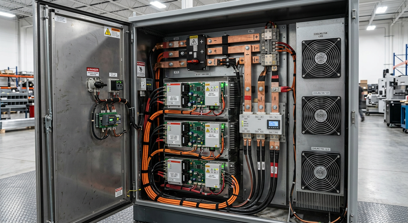 Open DC fast charger cabinet showing internal power modules and cooling fans