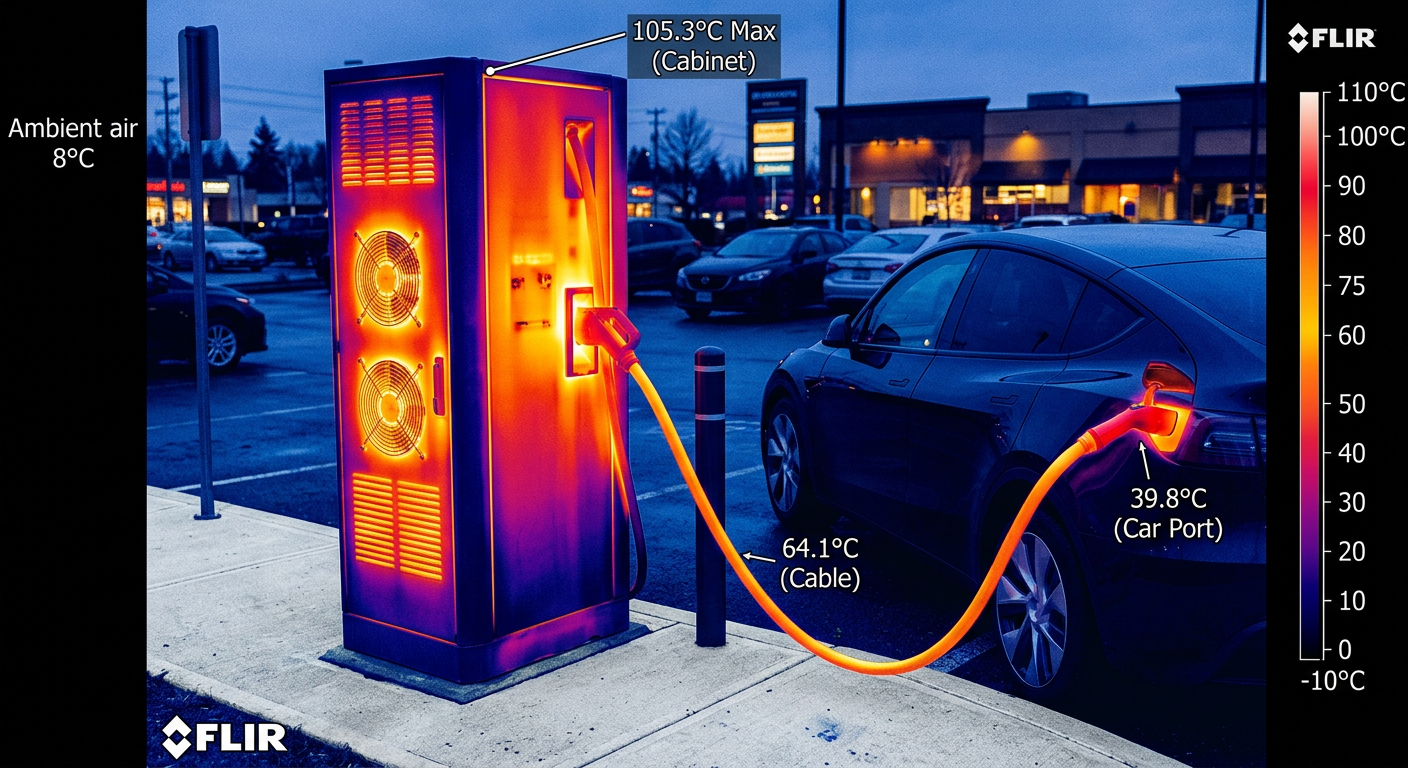 Thermal imaging style view of a DC charger showing hot spots