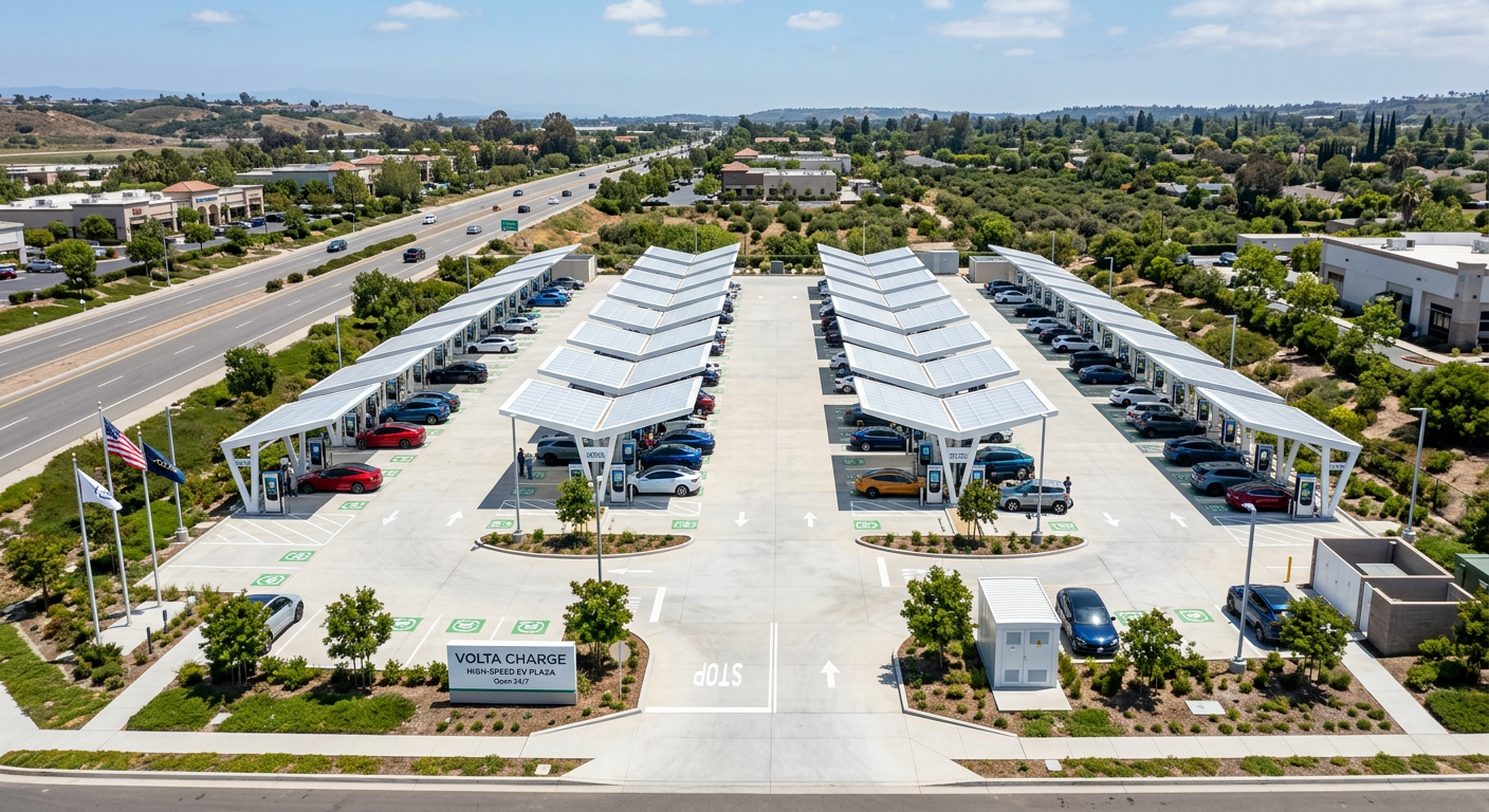 Aerial view of an EV fast charging plaza with shade canopies and light concrete paving