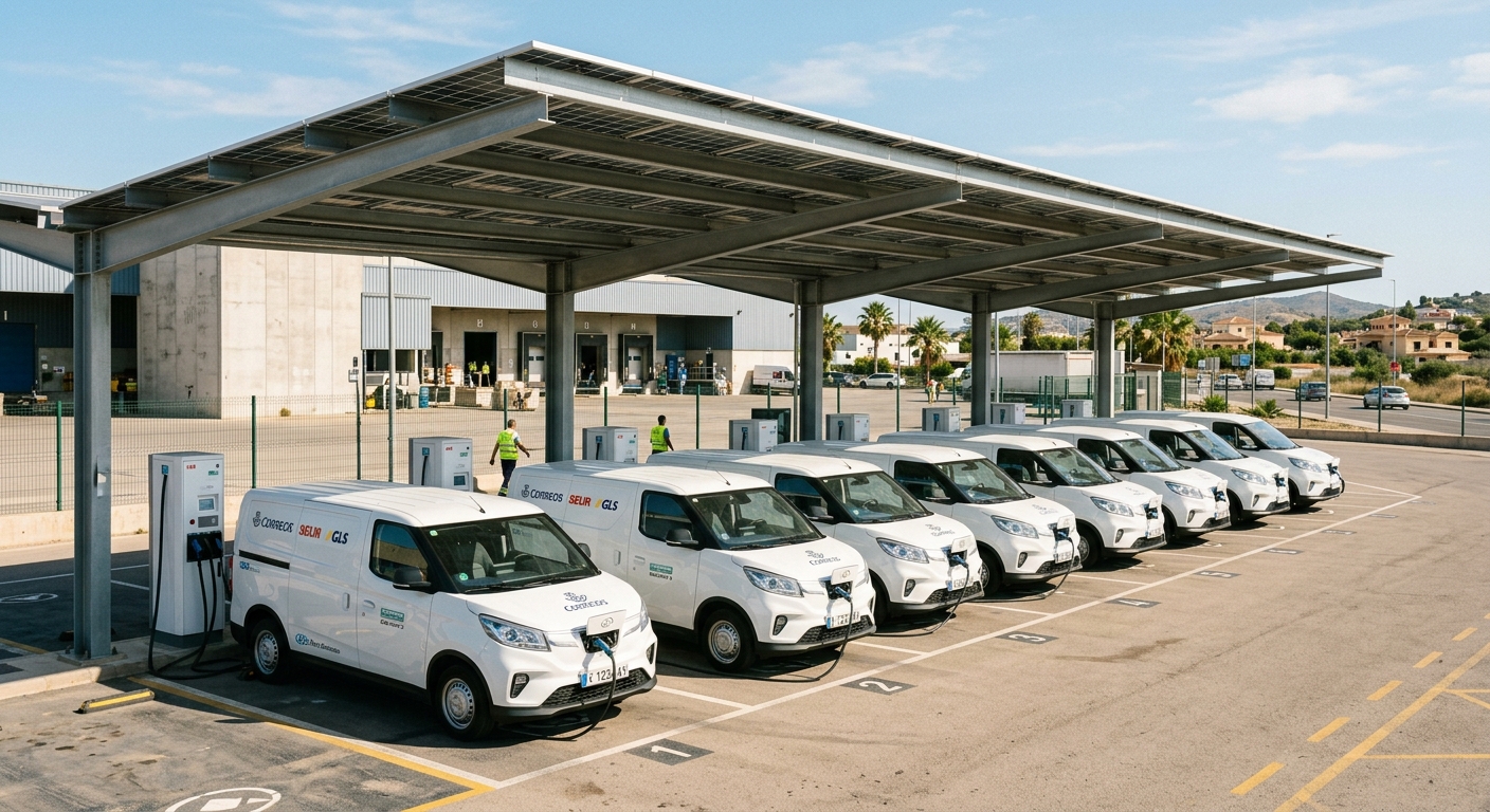 Electric delivery vans charging under a shade canopy at a logistics depot