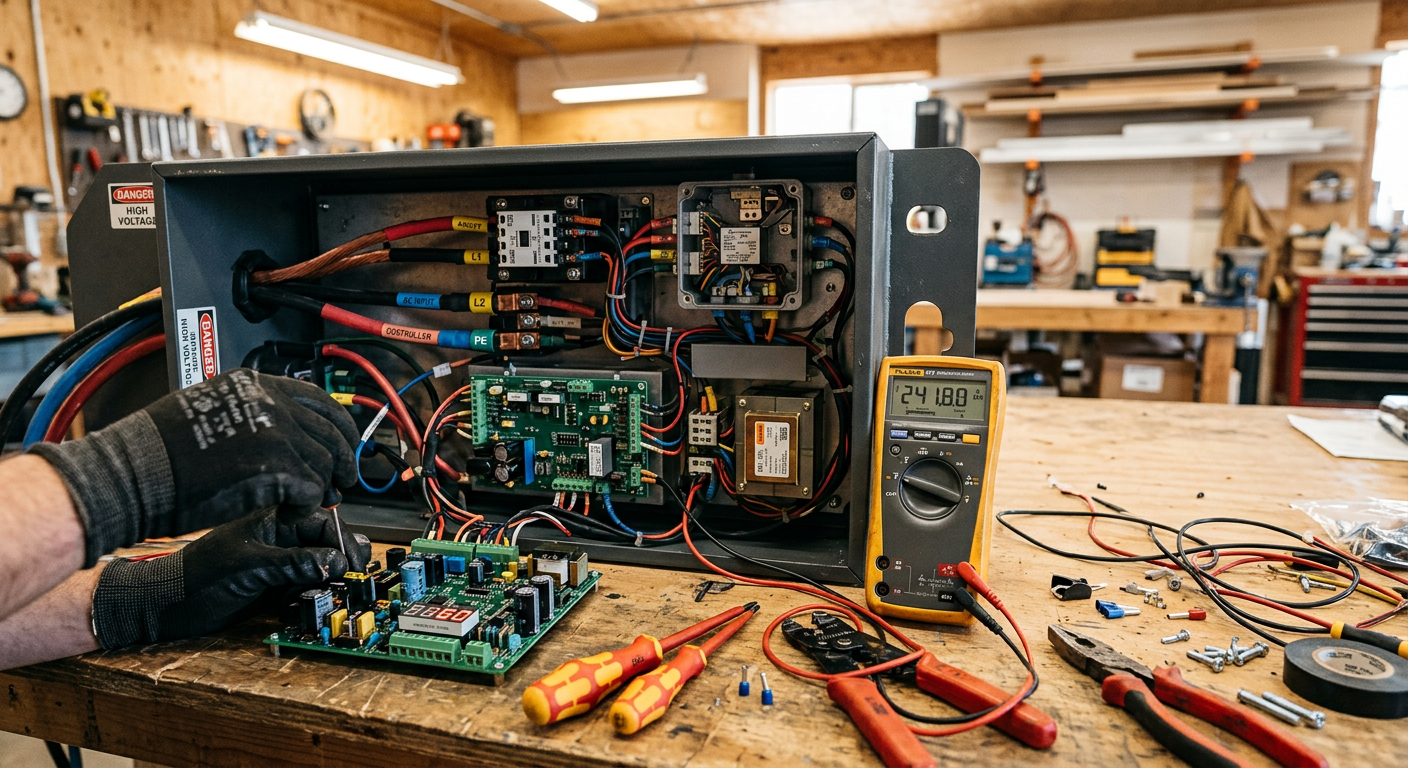 Technician inspecting the interior of a failed EV charger on a service workbench