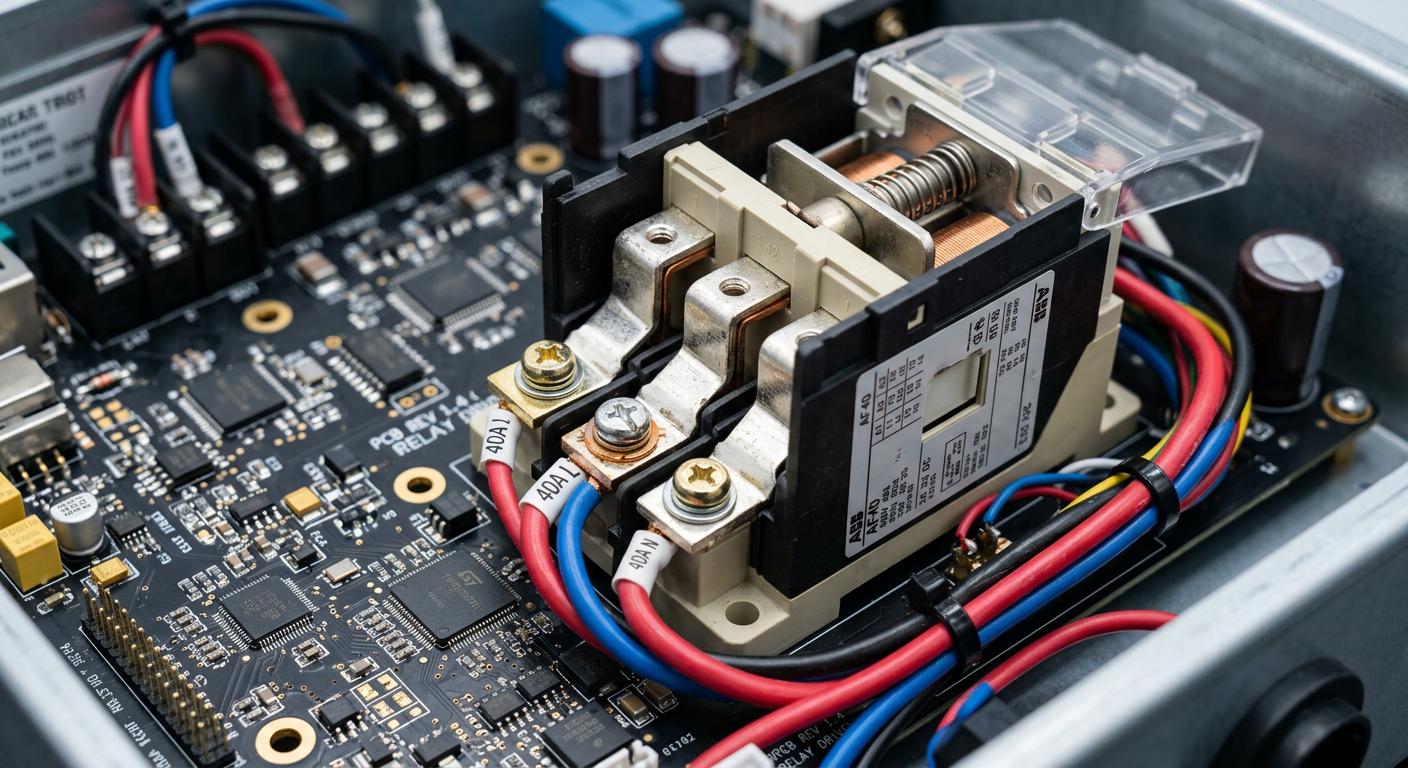 Detailed view of high-quality electrical contactor and circuit board components inside a premium EV charger