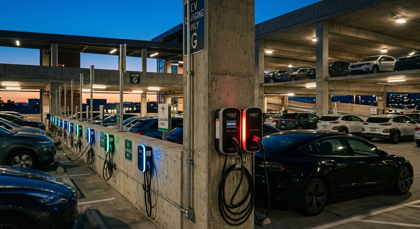 EV wall chargers installed in a commercial parking garage with one showing a fault indicator