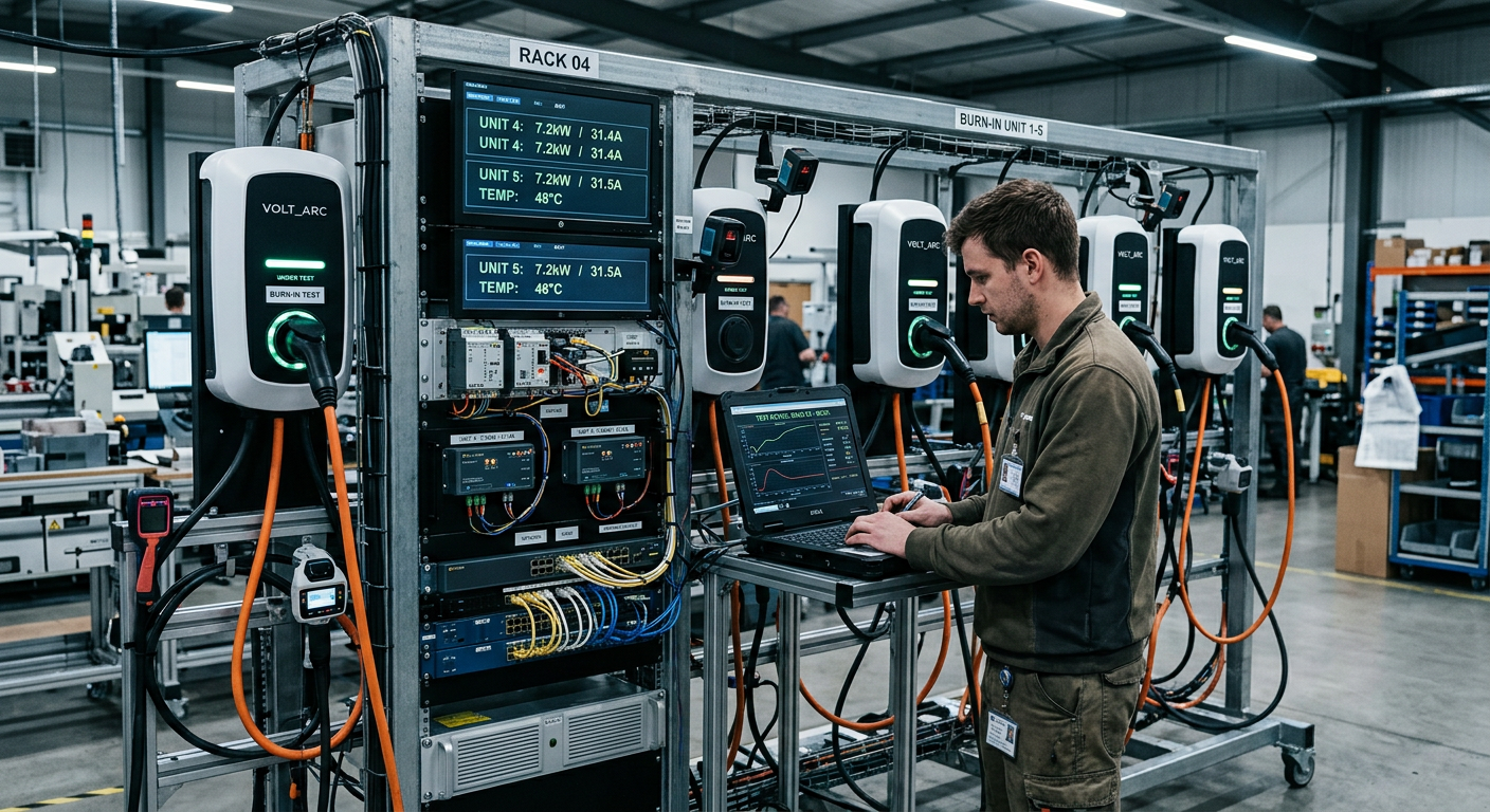 EV chargers undergoing burn-in testing on a factory quality control line