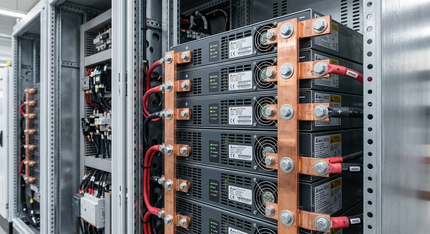 Close-up of stacked DC charger power modules with copper busbars