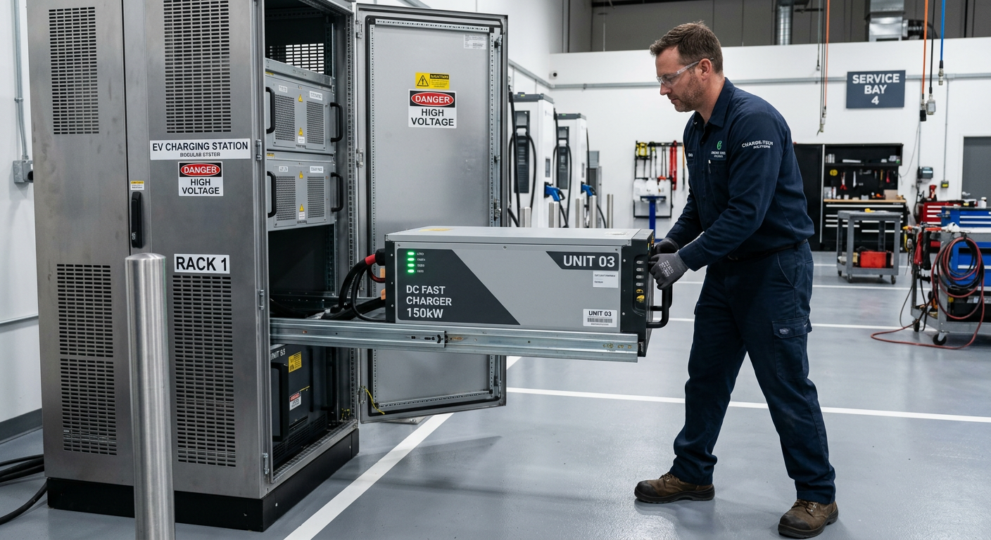Technician hot-swapping a modular power unit in a DC fast charger