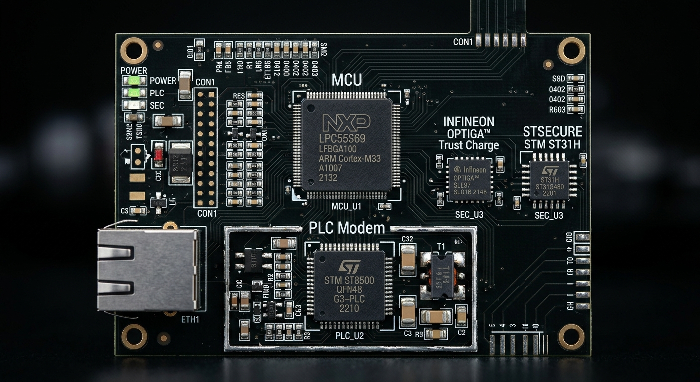 Internal communication board of a DC EV charger with secure element chip