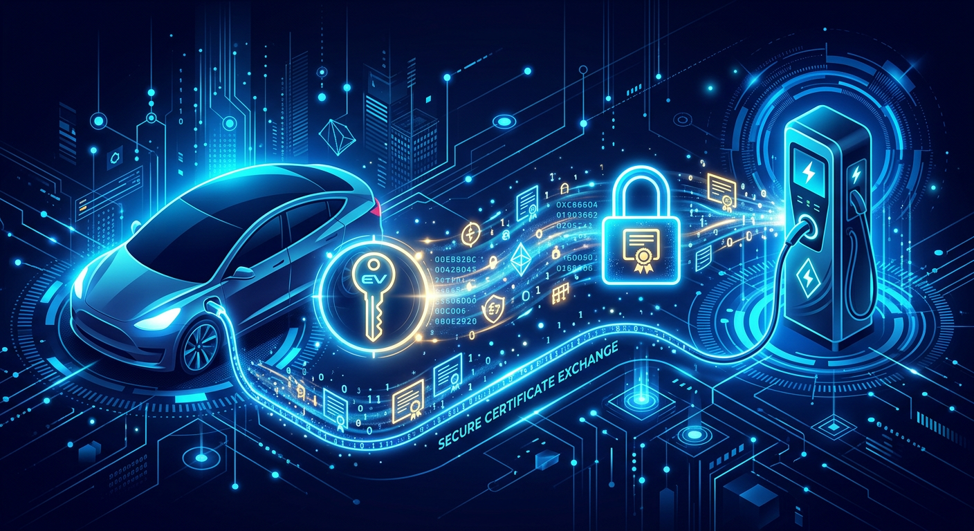 Conceptual visualization of secure certificate exchange between EV and charger