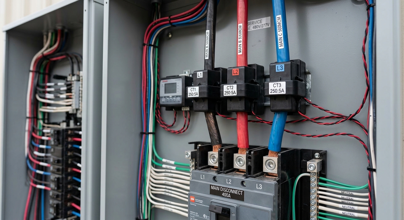 Current transformer clamps installed on main electrical feeders