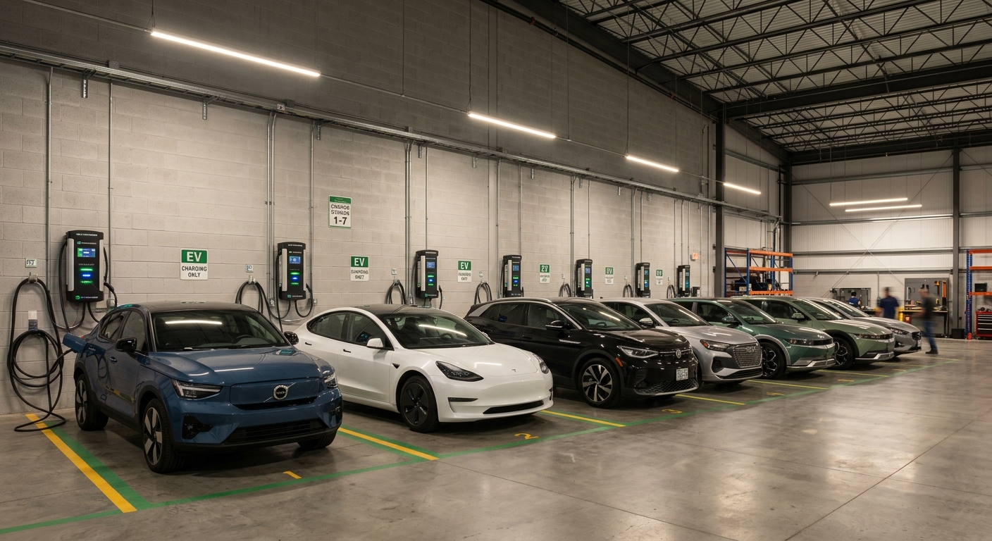 Multiple AC EV chargers sharing power in an industrial charging bay