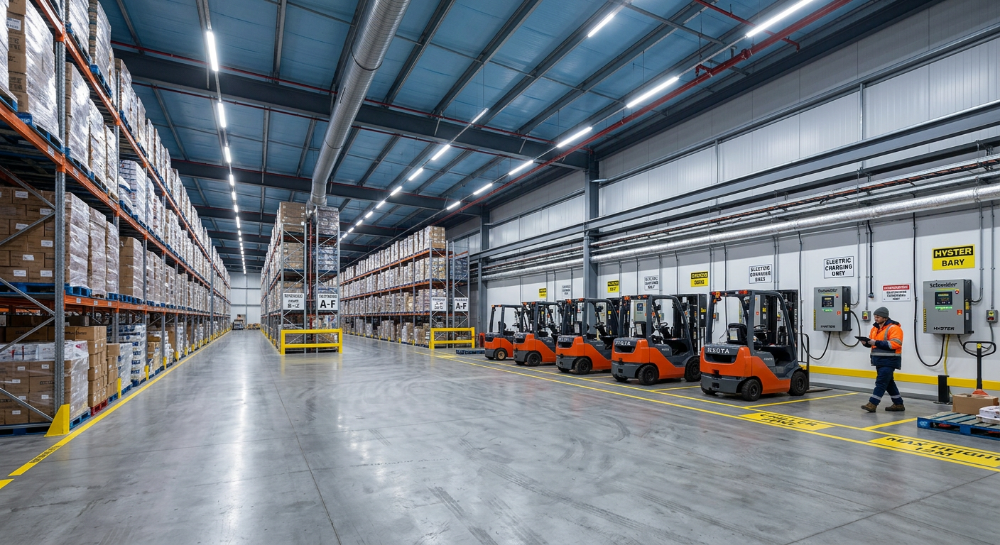 Electric forklifts charging inside a cold-storage warehouse