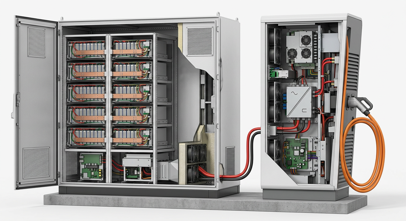 Battery storage cabinet integrated with DC charging system