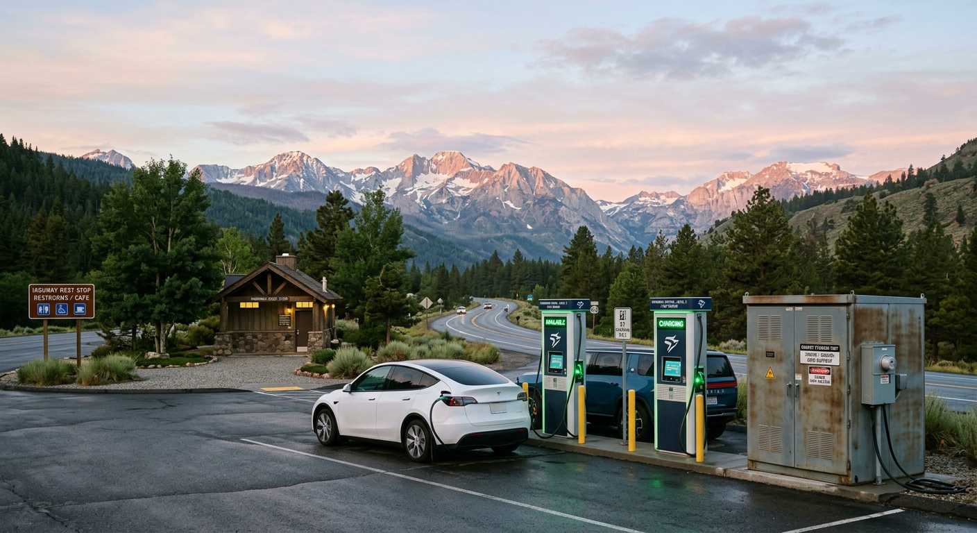 Battery-buffered fast charging station at a rural highway location