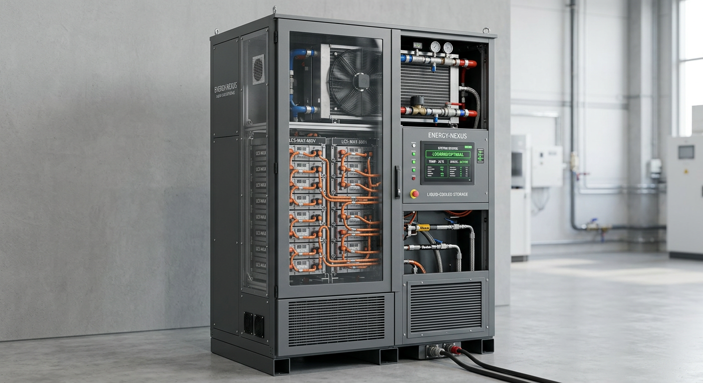 Liquid-cooled battery storage cabinet showing thermal management
